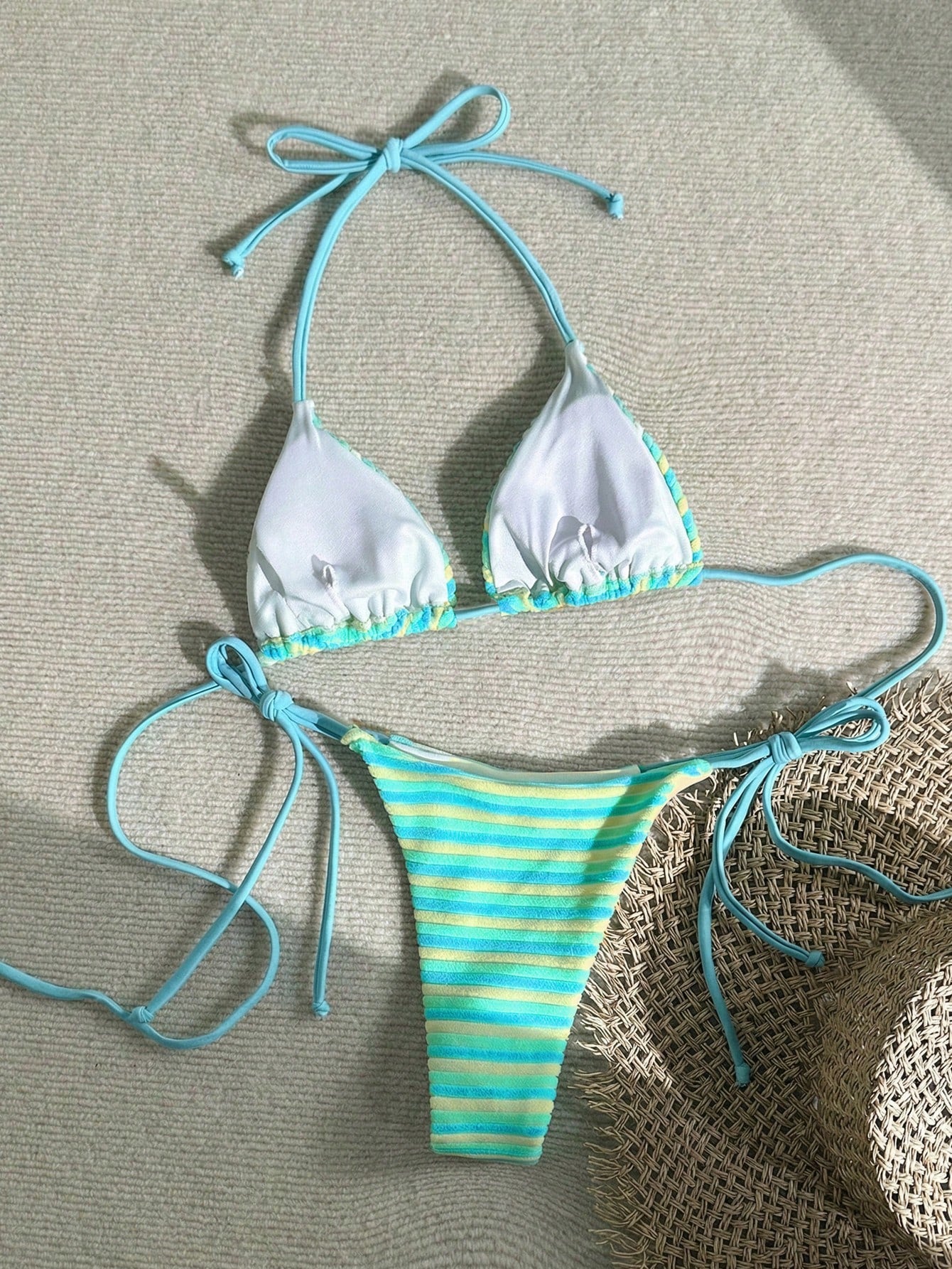 Swim Mod Plus Size Women's Sweet & Cute Minimalist Beach Vacation Casual Yellow & Blue Color Special Fabric Drawstring Halter Two Pieces Swimwear Set