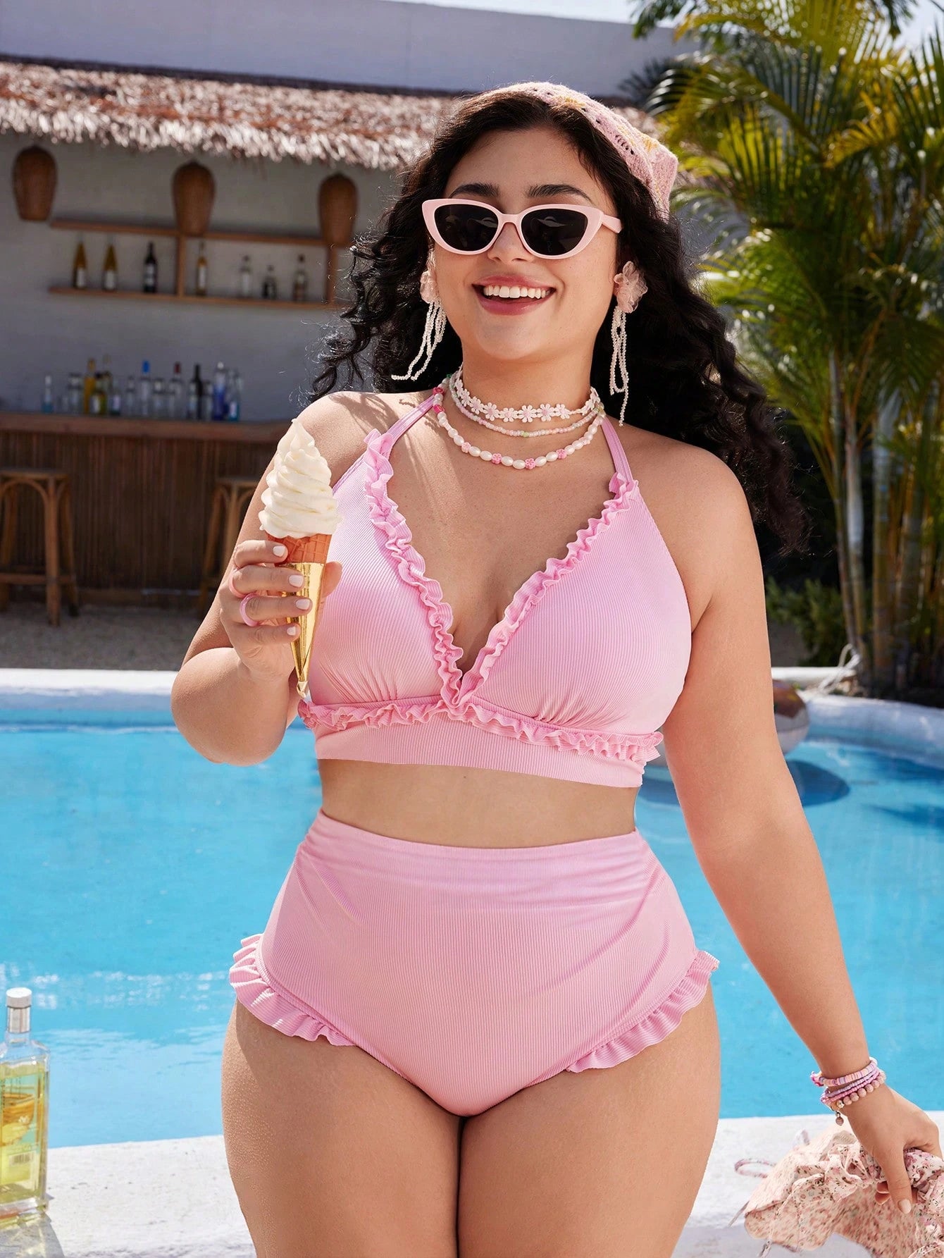 Swim Mod Plus Size Women's Sweet Cute Minimalist Beach Vacation Pink Textured Fabric Halter Neck Tie Lace Trim Two Pieces Swimsuit Set