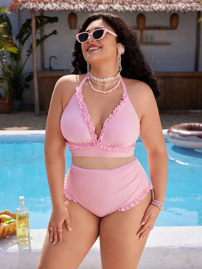 Swim Mod Plus Size Women's Sweet Cute Minimalist Beach Vacation Pink Textured Fabric Halter Neck Tie Lace Trim Two Pieces Swimsuit Set