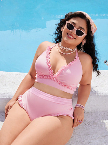 Swim Mod Plus Size Women's Sweet Cute Minimalist Beach Vacation Pink Textured Fabric Halter Neck Tie Lace Trim Two Pieces Swimsuit Set