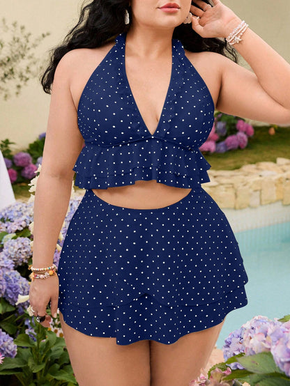 Swim Mod Plus Size Women Summer Beach Vacation Gym Polka Dot Print Ruffle Halter Tankini Swimwear Set Navy Blue Pirate 1920s