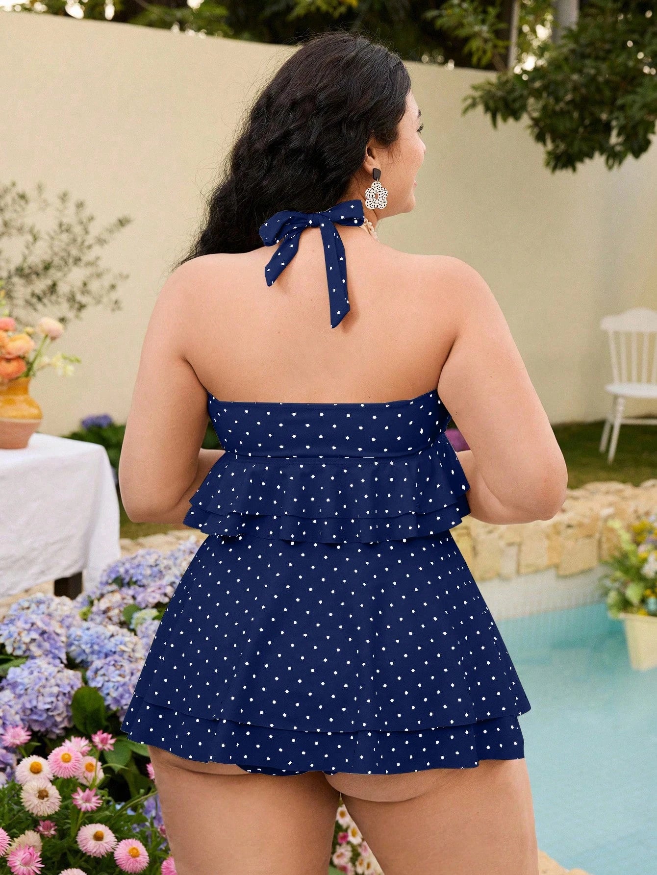 Swim Mod Plus Size Women Summer Beach Vacation Gym Polka Dot Print Ruffle Halter Tankini Swimwear Set Navy Blue Pirate 1920s