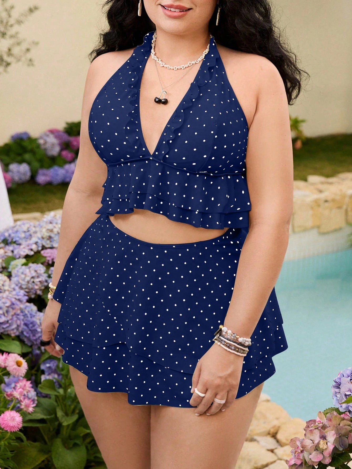 Swim Mod Plus Size Women Summer Beach Vacation Gym Polka Dot Print Ruffle Halter Tankini Swimwear Set Navy Blue Pirate 1920s