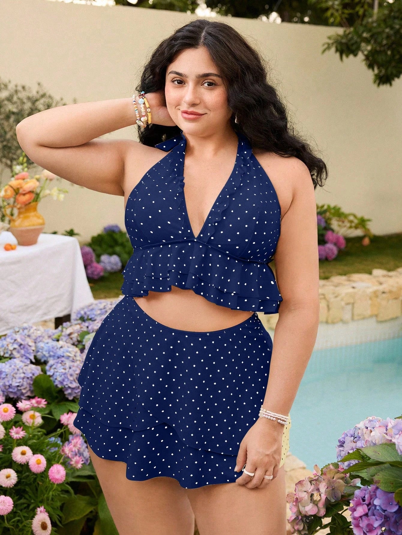 Swim Mod Plus Size Women Summer Beach Vacation Gym Polka Dot Print Ruffle Halter Tankini Swimwear Set Navy Blue Pirate 1920s