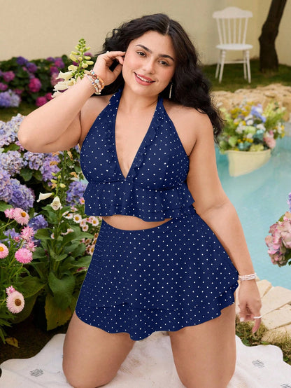 Swim Mod Plus Size Women Summer Beach Vacation Gym Polka Dot Print Ruffle Halter Tankini Swimwear Set Navy Blue Pirate 1920s