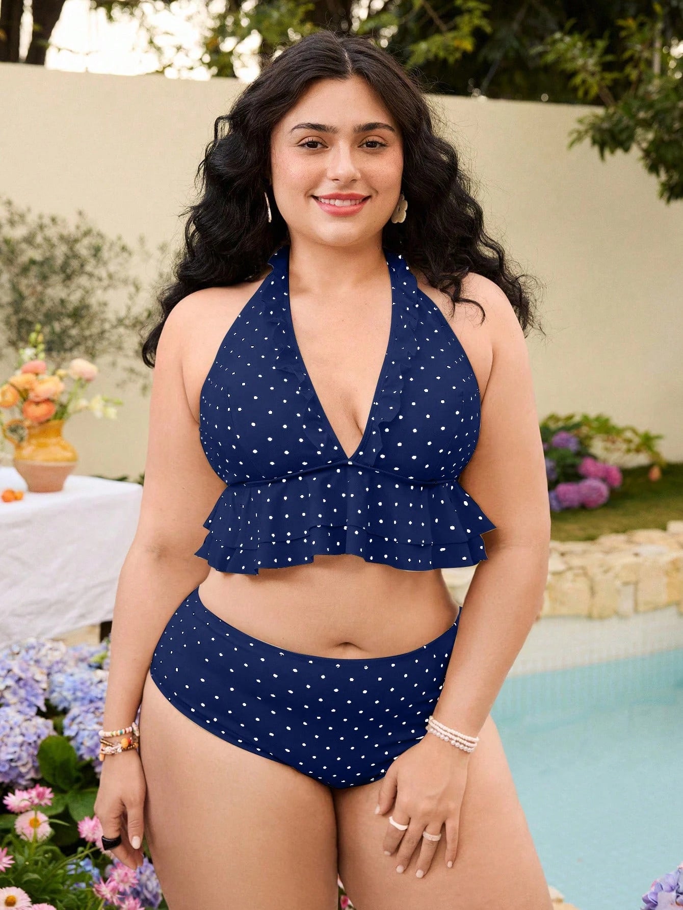 Swim Mod Plus Size Women Summer Beach Vacation Gym Polka Dot Print Ruffle Halter Tankini Swimwear Set Navy Blue Pirate 1920s