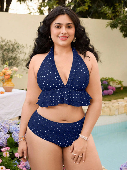 Swim Mod Plus Size Women Summer Beach Vacation Gym Polka Dot Print Ruffle Halter Tankini Swimwear Set Navy Blue Pirate 1920s