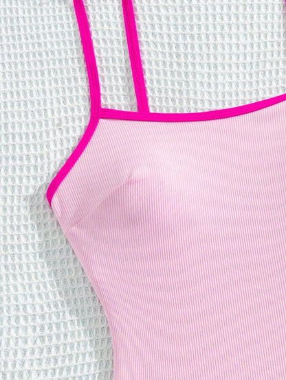 Swim Mod Spring/Summer New European & American Style One-Piece Sexy Three-Point High-Cut Triangle Bikini Set, Solid Light Pink Textured Fabric With Contrast Fuchsia Trim, Small Chest Push-Up Double Sh