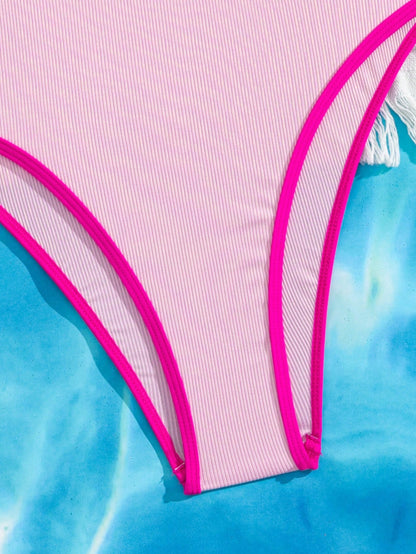 Swim Mod Spring/Summer New European & American Style One-Piece Sexy Three-Point High-Cut Triangle Bikini Set, Solid Light Pink Textured Fabric With Contrast Fuchsia Trim, Small Chest Push-Up Double Sh