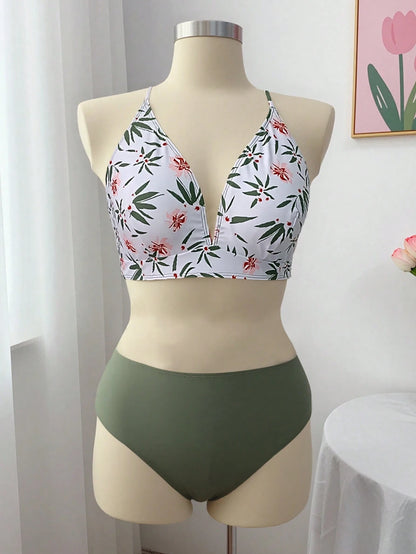 Swim Mod Summer Beach Plus Size Halter Bikini Set With Flower Pattern