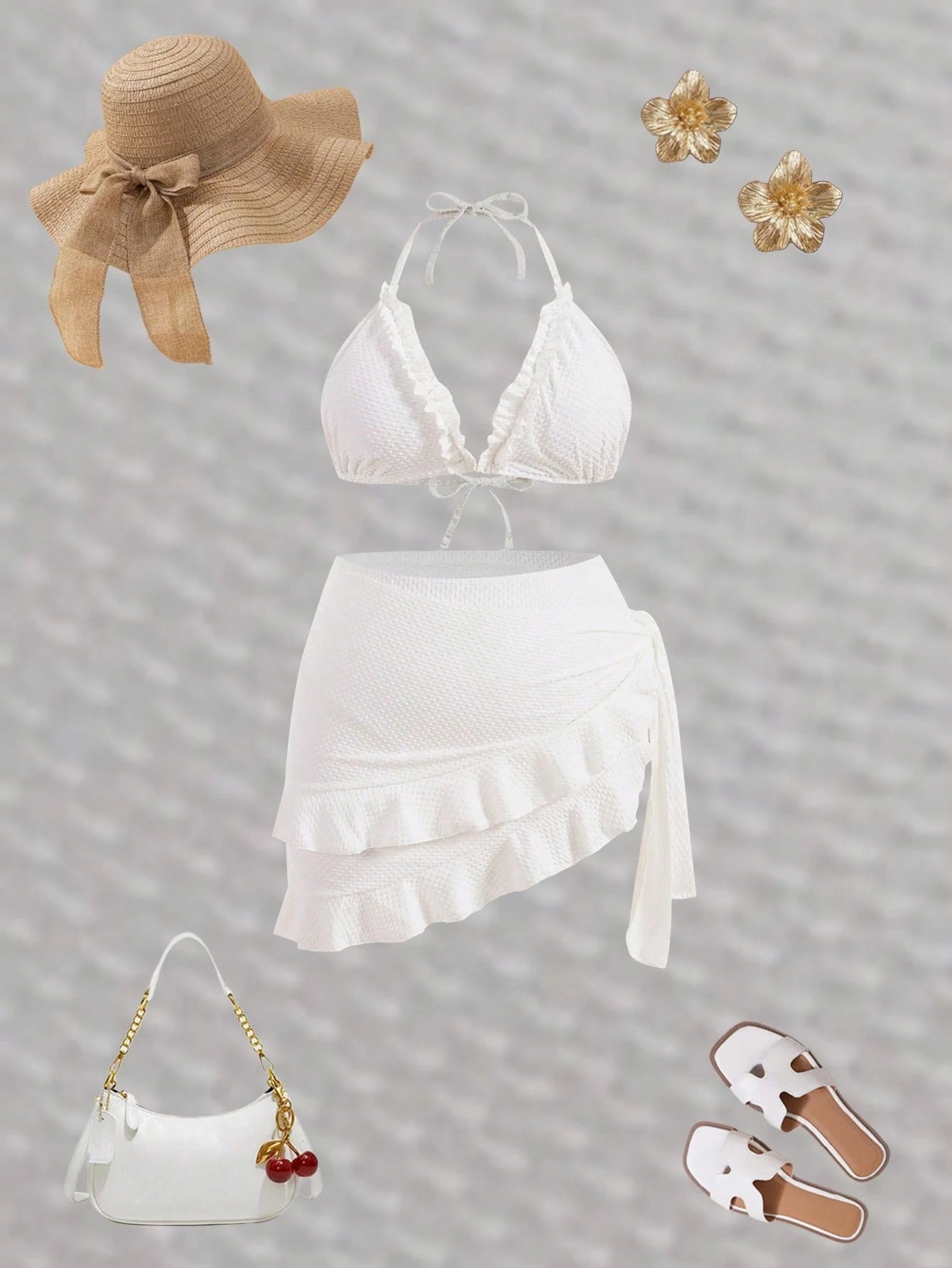 Swim Mod Summer Beach Women's Plus Size White Halter Neck, Spaghetti Strap, Lace Trim Bikini Set 3 Pieces Set