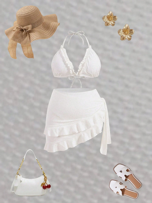 Swim Mod Summer Beach Women's Plus Size White Halter Neck, Spaghetti Strap, Lace Trim Bikini Set 3 Pieces Set