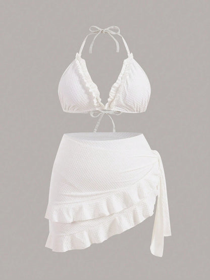 Swim Mod Summer Beach Women's Plus Size White Halter Neck, Spaghetti Strap, Lace Trim Bikini Set 3 Pieces Set