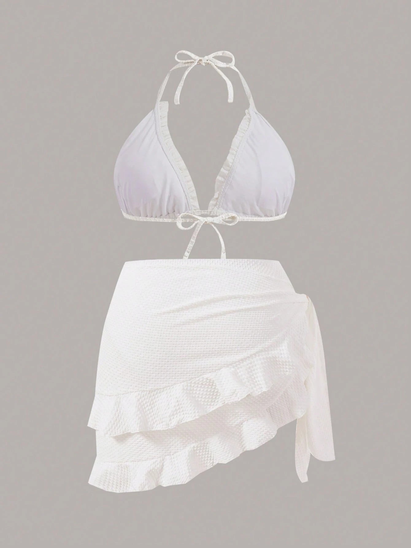 Swim Mod Summer Beach Women's Plus Size White Halter Neck, Spaghetti Strap, Lace Trim Bikini Set 3 Pieces Set