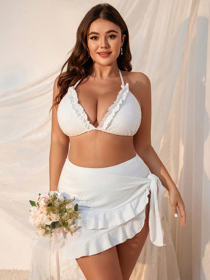 Swim Mod Summer Beach Women's Plus Size White Halter Neck, Spaghetti Strap, Lace Trim Bikini Set 3 Pieces Set