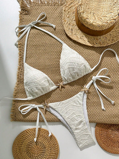 Swim Mod White Halter Bikini Set With Starfish Details And Tie Side Bottoms For Women