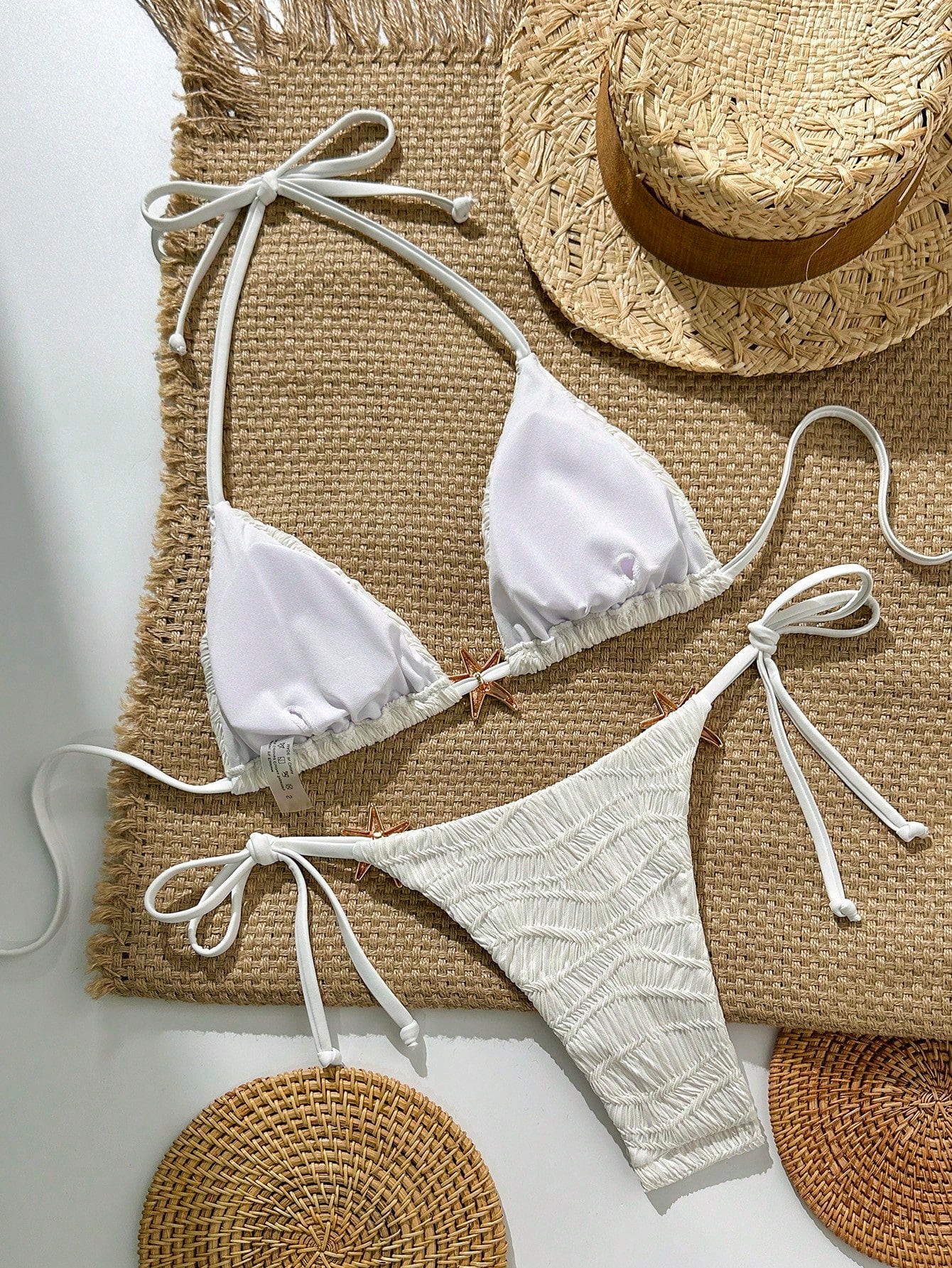Swim Mod White Halter Bikini Set With Starfish Details And Tie Side Bottoms For Women