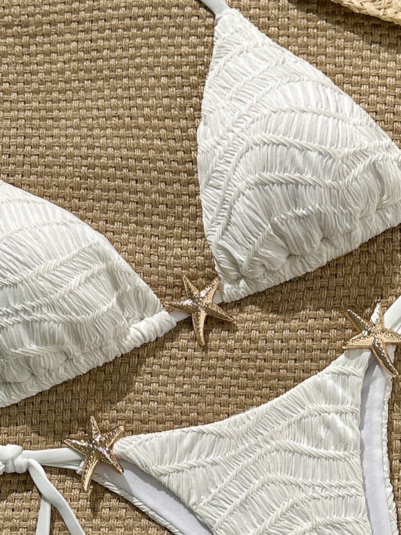 Swim Mod White Halter Bikini Set With Starfish Details And Tie Side Bottoms For Women