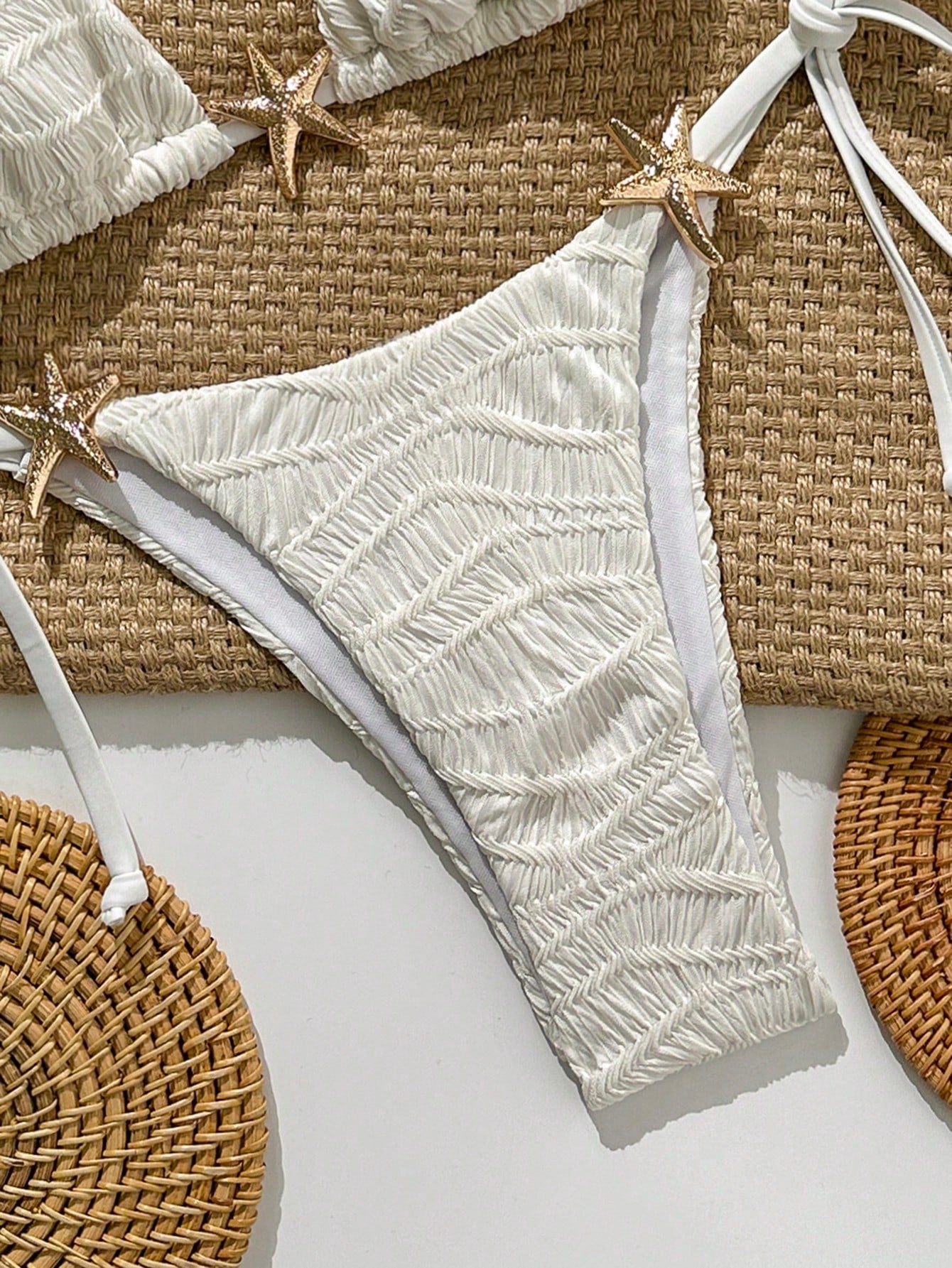 Swim Mod White Halter Bikini Set With Starfish Details And Tie Side Bottoms For Women