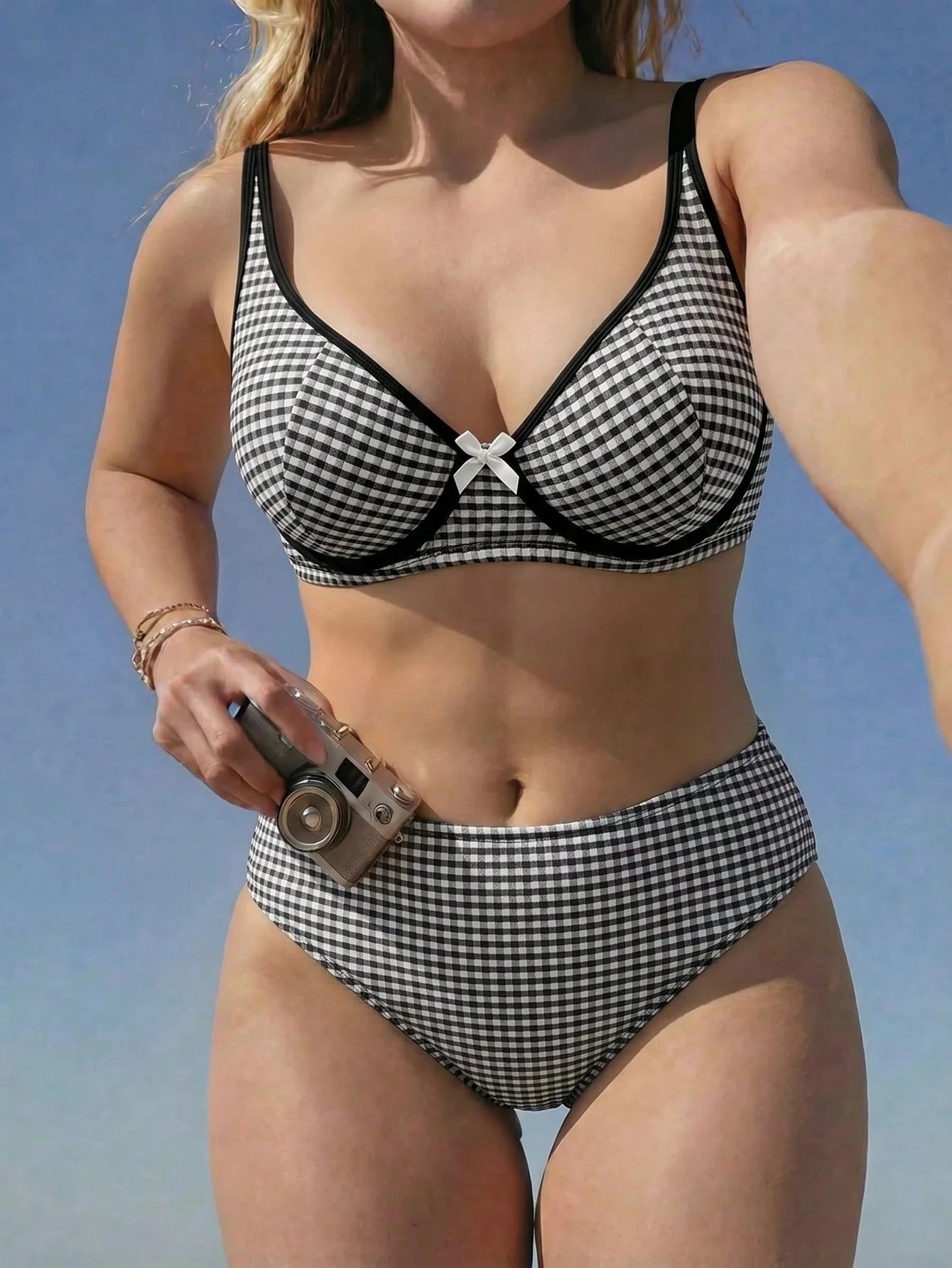 Swim Mod White,Summer,1920s Flapper,Beach,Party,Holiday 2pcs Set Multicolor Plaid Bow Backless Wireless Influencer Bikini Plus Size Swimwear Swimsuit