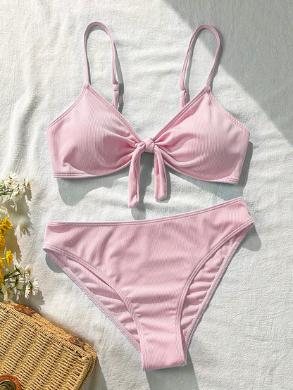 Swim Mod Women's 2-Piece Bikini Swimsuit Set, Double Shoulder Straps, Light Pink Ribbed Fabric, Two Pieces Swimwear For Beach, Island Vacation, Pool Party, Casual Versatile