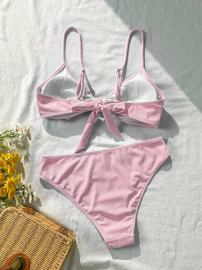 Swim Mod Women's 2-Piece Bikini Swimsuit Set, Double Shoulder Straps, Light Pink Ribbed Fabric, Two Pieces Swimwear For Beach, Island Vacation, Pool Party, Casual Versatile