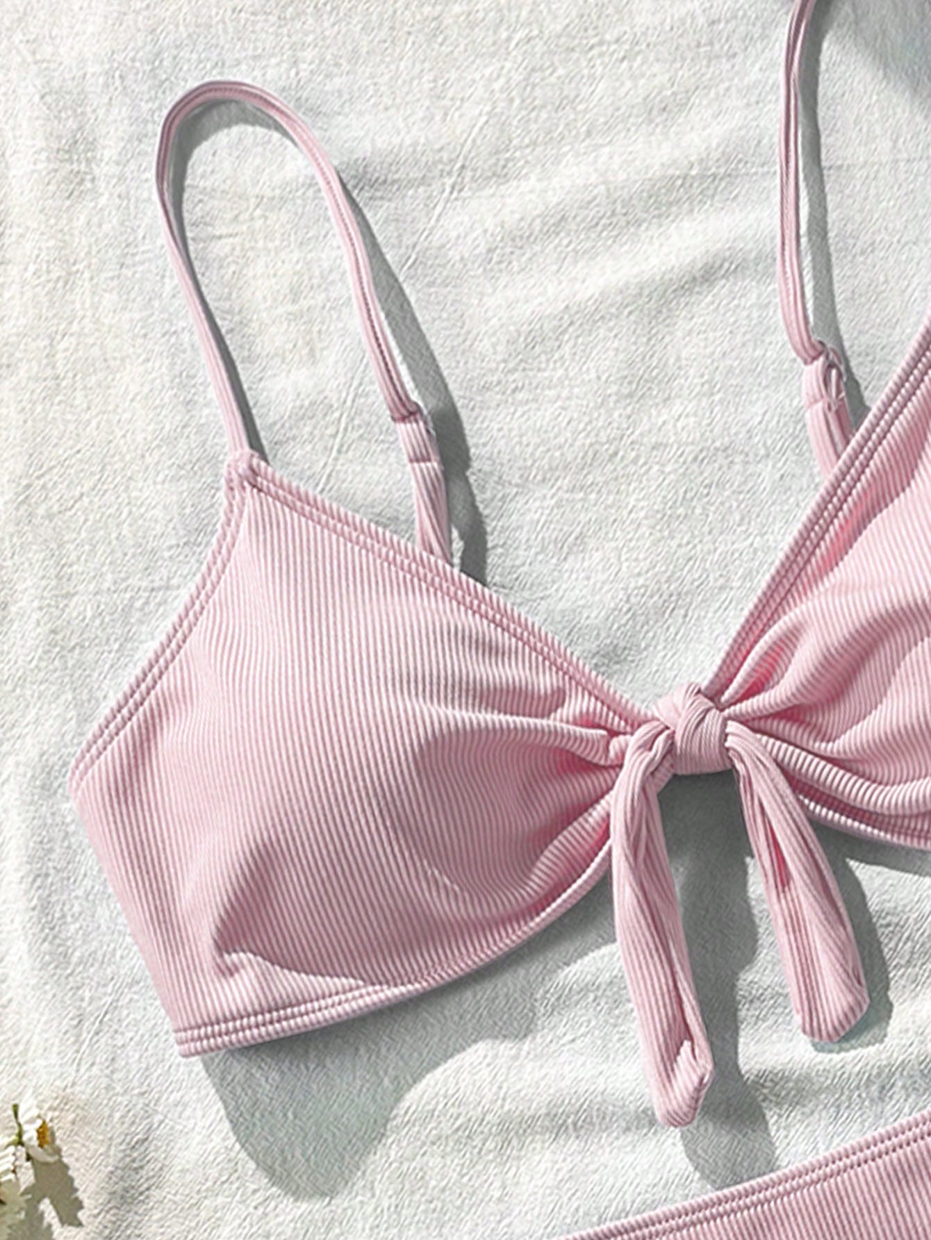 Swim Mod Women's 2-Piece Bikini Swimsuit Set, Double Shoulder Straps, Light Pink Ribbed Fabric, Two Pieces Swimwear For Beach, Island Vacation, Pool Party, Casual Versatile