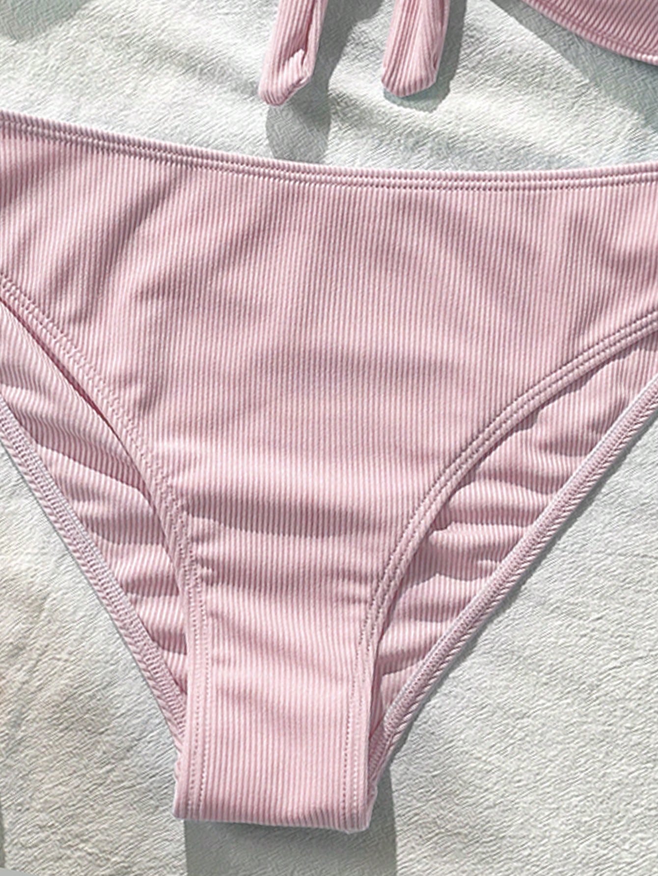Swim Mod Women's 2-Piece Bikini Swimsuit Set, Double Shoulder Straps, Light Pink Ribbed Fabric, Two Pieces Swimwear For Beach, Island Vacation, Pool Party, Casual Versatile