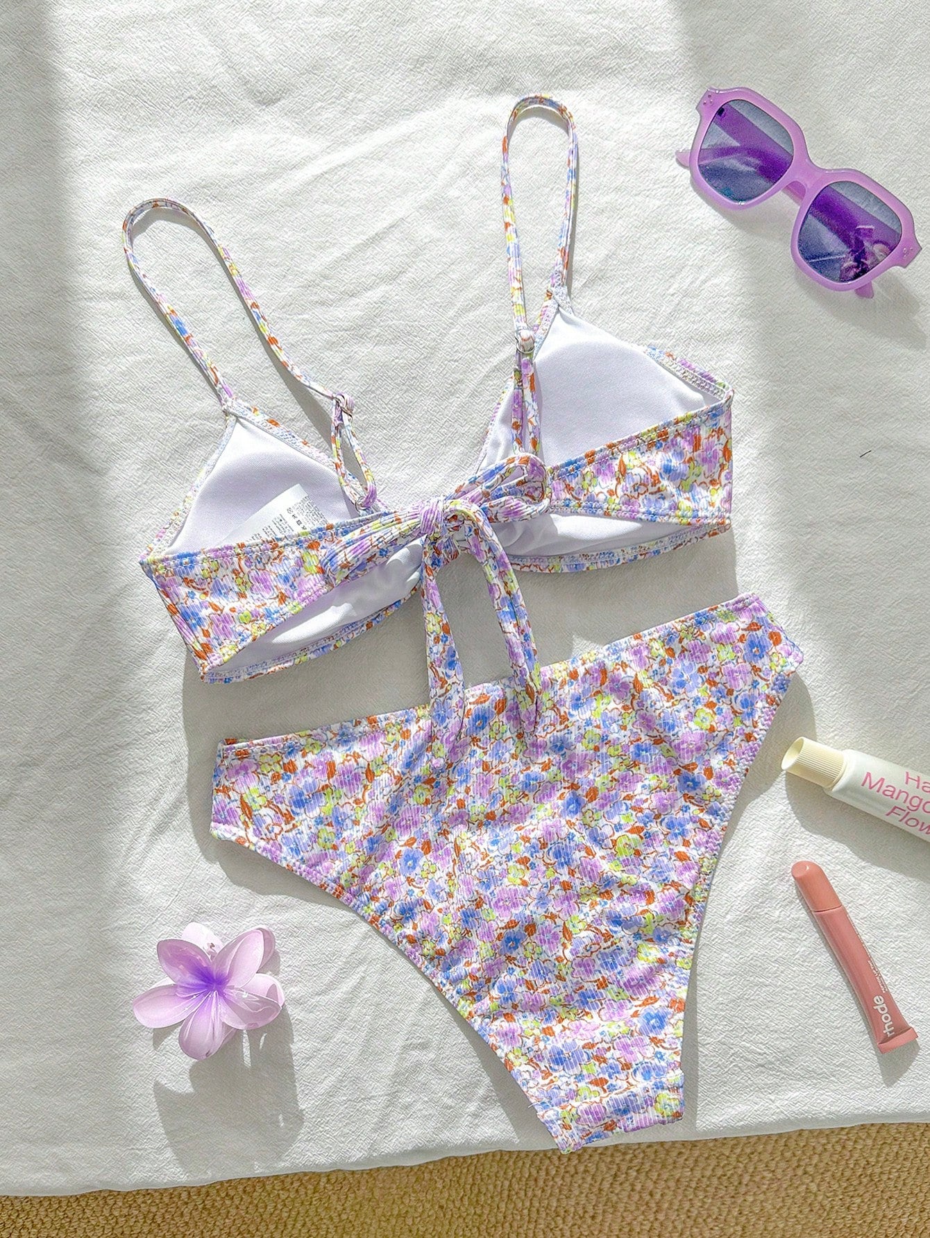 Swim Mod Women's 2-Piece Bikini Swimsuit Set, Double Shoulder Straps, Light Pink Ribbed Fabric, Two Pieces Swimwear For Beach, Island Vacation, Pool Party, Casual Versatile
