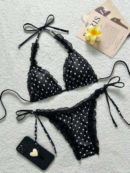 Swim Mod Women's 2-Piece Mesh Trim Halter Polka Dot Bikini Set,White With Black Polka Dots, Tie Side Bathing Suit,Summer,Cute,Holiday,Pool Party,Holid Ay