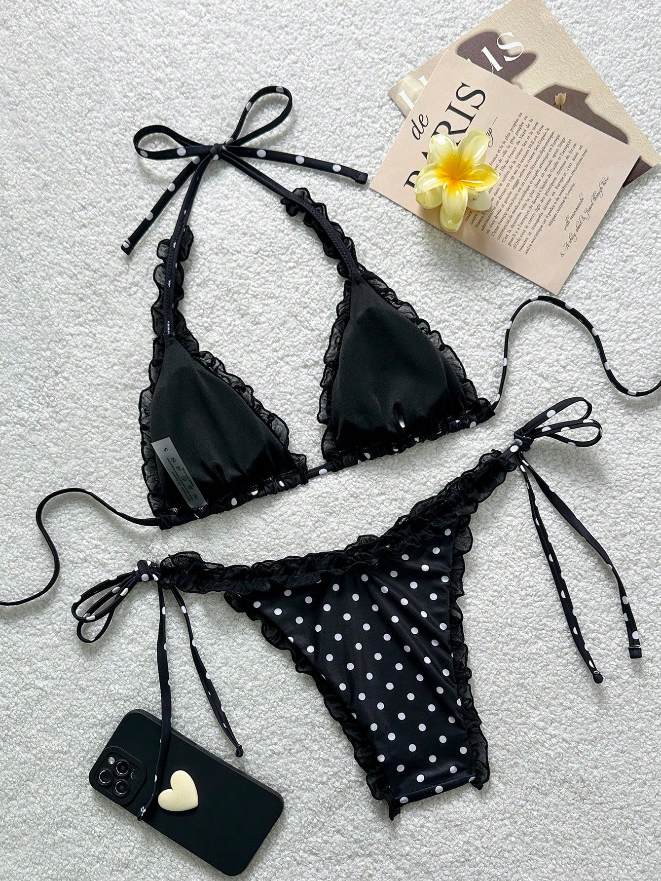 Swim Mod Women's 2-Piece Mesh Trim Halter Polka Dot Bikini Set,White With Black Polka Dots, Tie Side Bathing Suit,Summer,Cute,Holiday,Pool Party,Holid Ay
