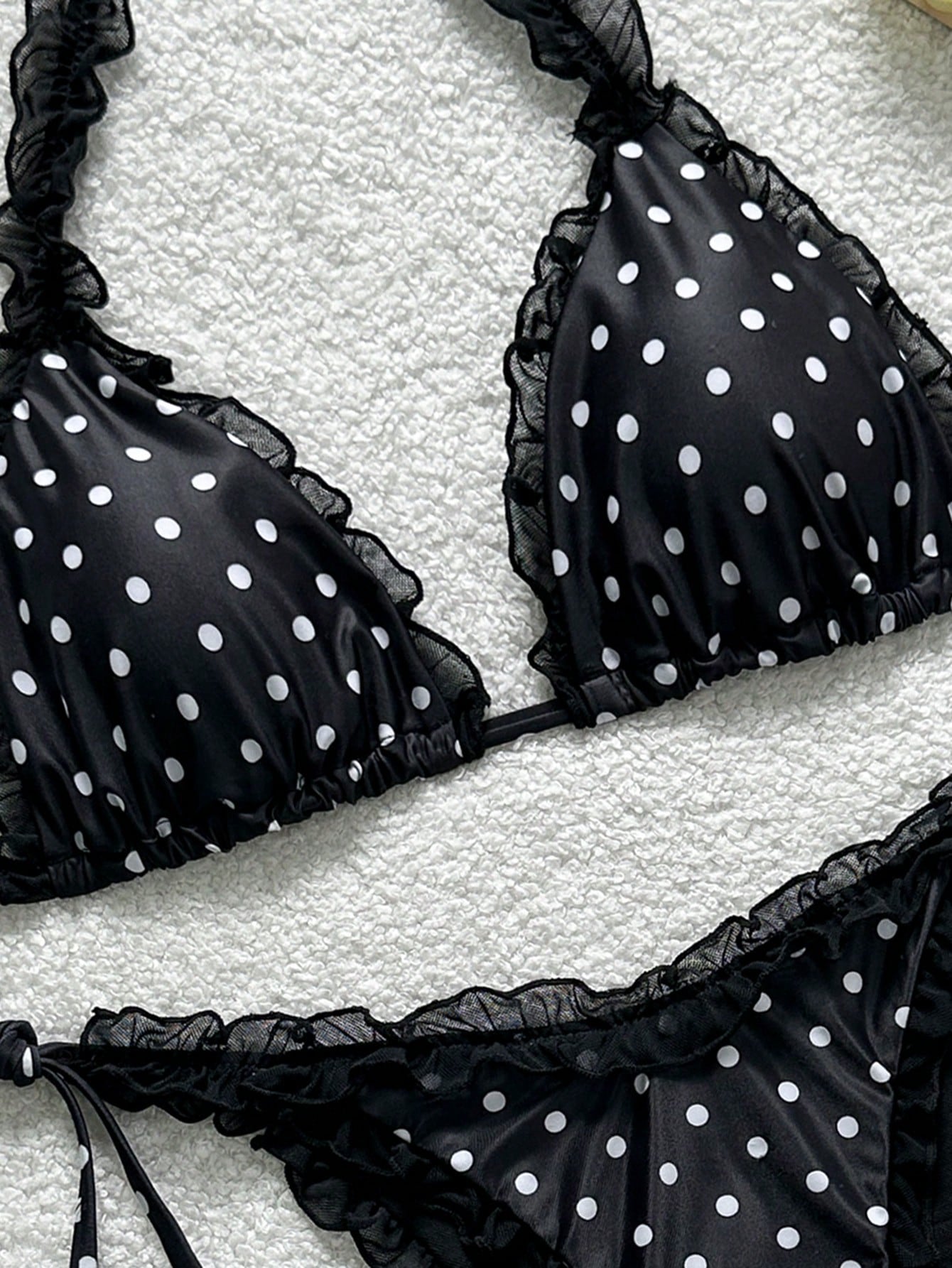 Swim Mod Women's 2-Piece Mesh Trim Halter Polka Dot Bikini Set,White With Black Polka Dots, Tie Side Bathing Suit,Summer,Cute,Holiday,Pool Party,Holid Ay