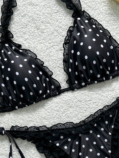 Swim Mod Women's 2-Piece Mesh Trim Halter Polka Dot Bikini Set,White With Black Polka Dots, Tie Side Bathing Suit,Summer,Cute,Holiday,Pool Party,Holid Ay