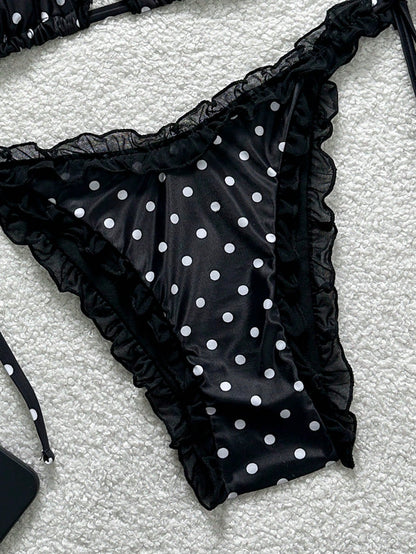 Swim Mod Women's 2-Piece Mesh Trim Halter Polka Dot Bikini Set,White With Black Polka Dots, Tie Side Bathing Suit,Summer,Cute,Holiday,Pool Party,Holid Ay