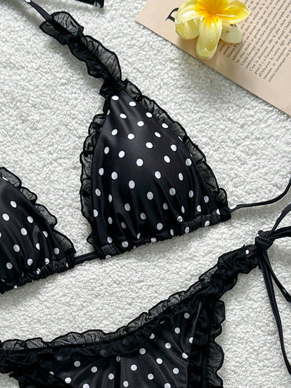 Swim Mod Women's 2-Piece Mesh Trim Halter Polka Dot Bikini Set,White With Black Polka Dots, Tie Side Bathing Suit,Summer,Cute,Holiday,Pool Party,Holid Ay