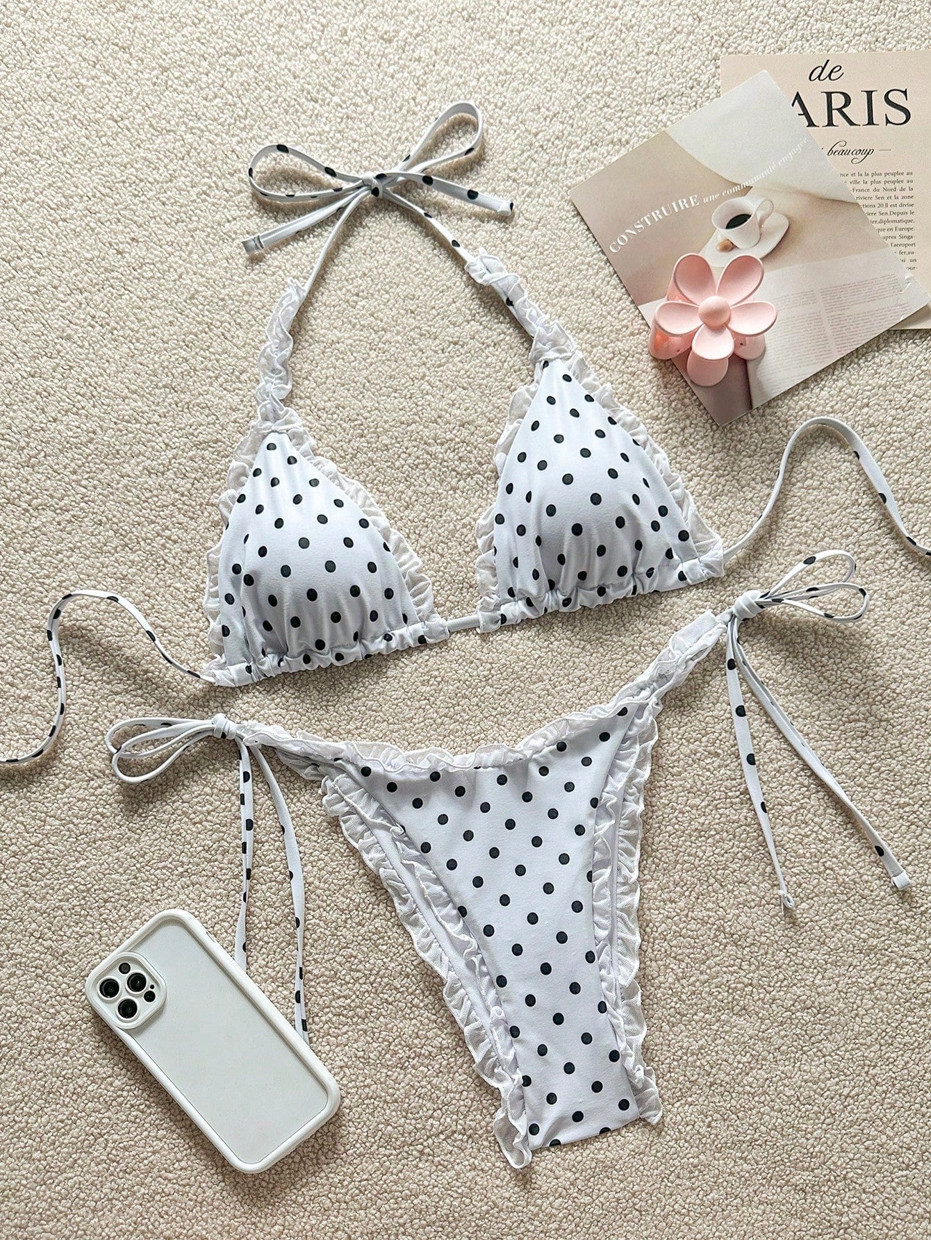Swim Mod Women's 2-Piece Mesh Trim Halter Polka Dot Bikini Set,White With Black Polka Dots, Tie Side Bathing Suit,Summer,Cute,Holiday,Pool Party,Holid Ay