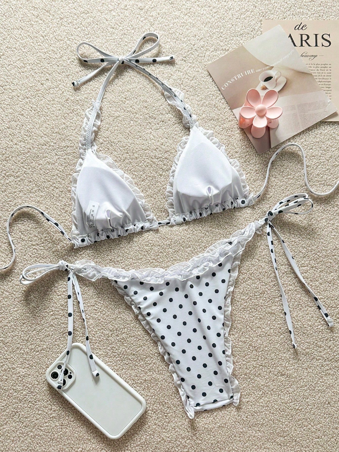 Swim Mod Women's 2-Piece Mesh Trim Halter Polka Dot Bikini Set,White With Black Polka Dots, Tie Side Bathing Suit,Summer,Cute,Holiday,Pool Party,Holid Ay