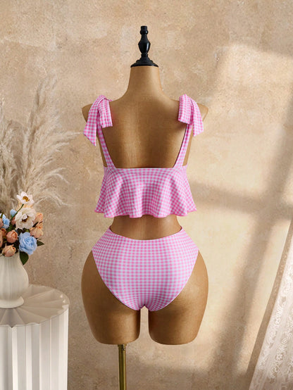 Swim Mod Women's 2-Piece Plaid Print Casual Cute Tropical Spaghetti Strap Tie Front Crop Top And Drawstring Waist Bikini Bottom Swimwear Set Summer Beach Pink
