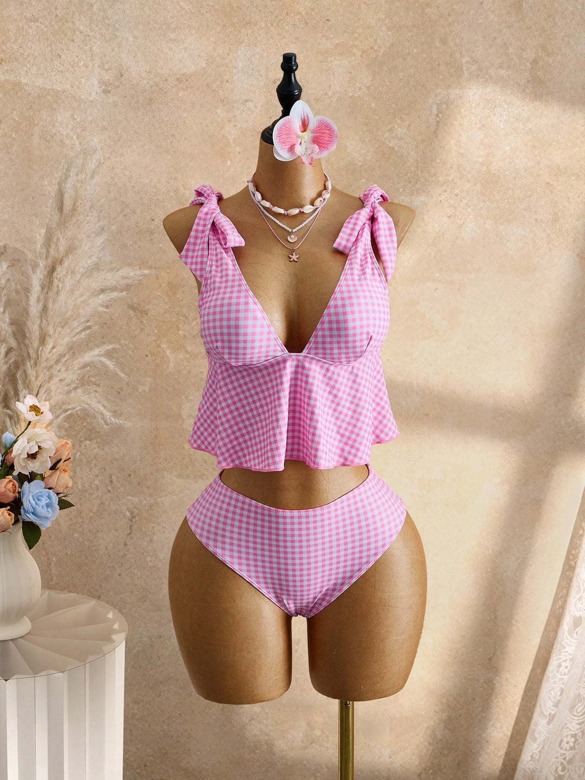Swim Mod Women's 2-Piece Plaid Print Casual Cute Tropical Spaghetti Strap Tie Front Crop Top And Drawstring Waist Bikini Bottom Swimwear Set Summer Beach Pink