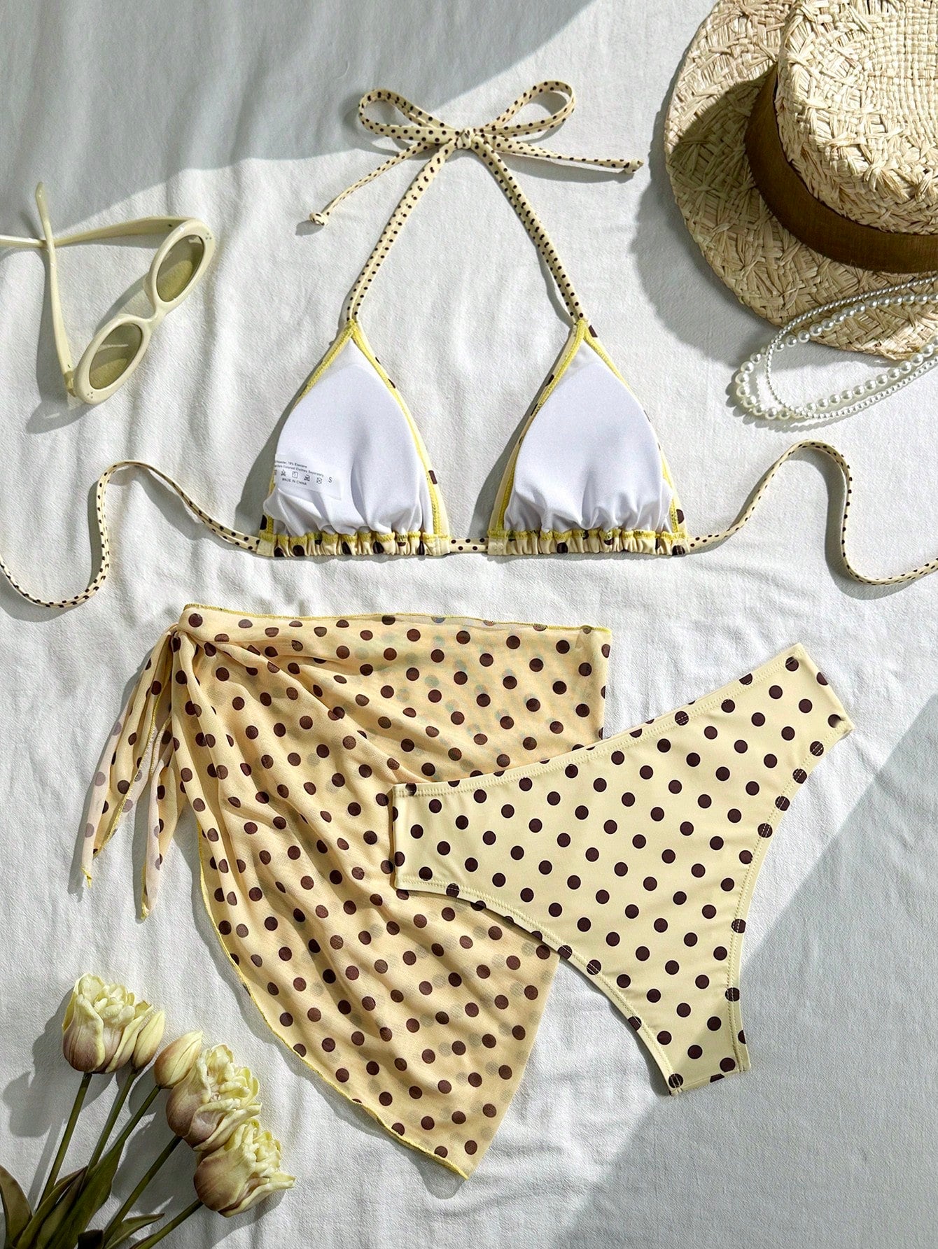 Swim Mod Women's Beige Summer Polka Dot Print Halter Tie Back Bikini 3-Piece Set,70s Retro Beach Party Holiday,Vacation Elegant Casual Skirt Swimwear Set