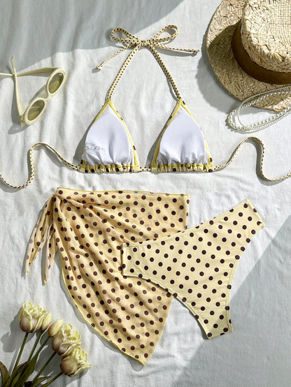 Swim Mod Women's Beige Summer Polka Dot Print Halter Tie Back Bikini 3-Piece Set,70s Retro Beach Party Holiday,Vacation Elegant Casual Skirt Swimwear Set