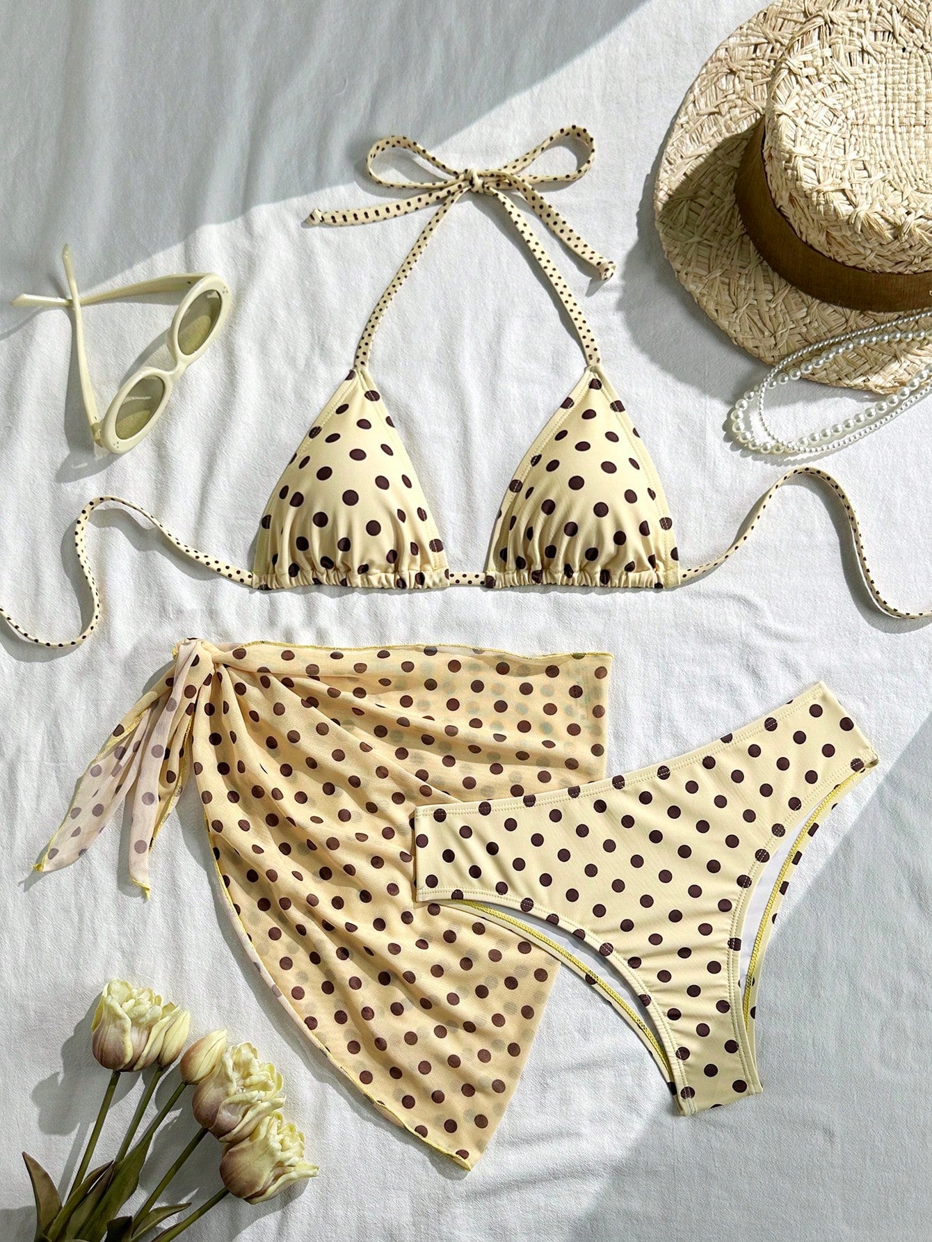 Swim Mod Women's Beige Summer Polka Dot Print Halter Tie Back Bikini 3-Piece Set,70s Retro Beach Party Holiday,Vacation Elegant Casual Skirt Swimwear Set