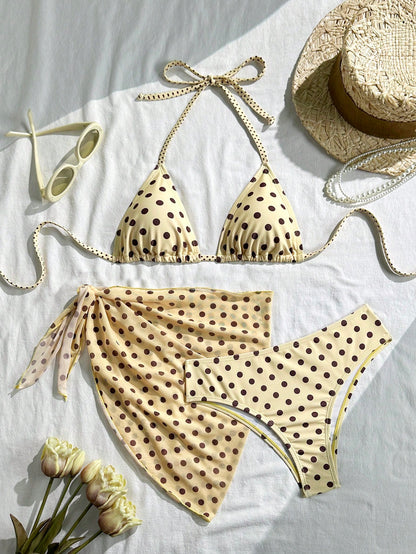 Swim Mod Women's Beige Summer Polka Dot Print Halter Tie Back Bikini 3-Piece Set,70s Retro Beach Party Holiday,Vacation Elegant Casual Skirt Swimwear Set