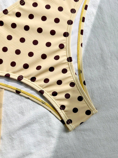 Swim Mod Women's Beige Summer Polka Dot Print Halter Tie Back Bikini 3-Piece Set,70s Retro Beach Party Holiday,Vacation Elegant Casual Skirt Swimwear Set