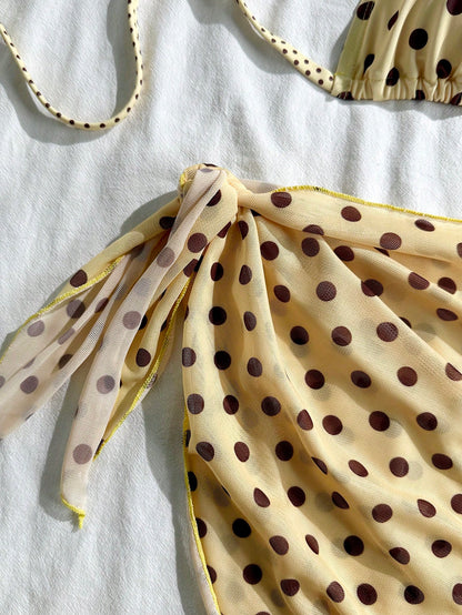 Swim Mod Women's Beige Summer Polka Dot Print Halter Tie Back Bikini 3-Piece Set,70s Retro Beach Party Holiday,Vacation Elegant Casual Skirt Swimwear Set