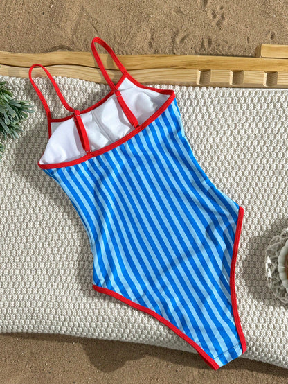 Swim Mod Women's Blue And White Striped Lobster Print One-Piece Swimsuit,Summer Tropical Holiday Vacation Holiday Cute Spaghetti Strap Backless High Cut