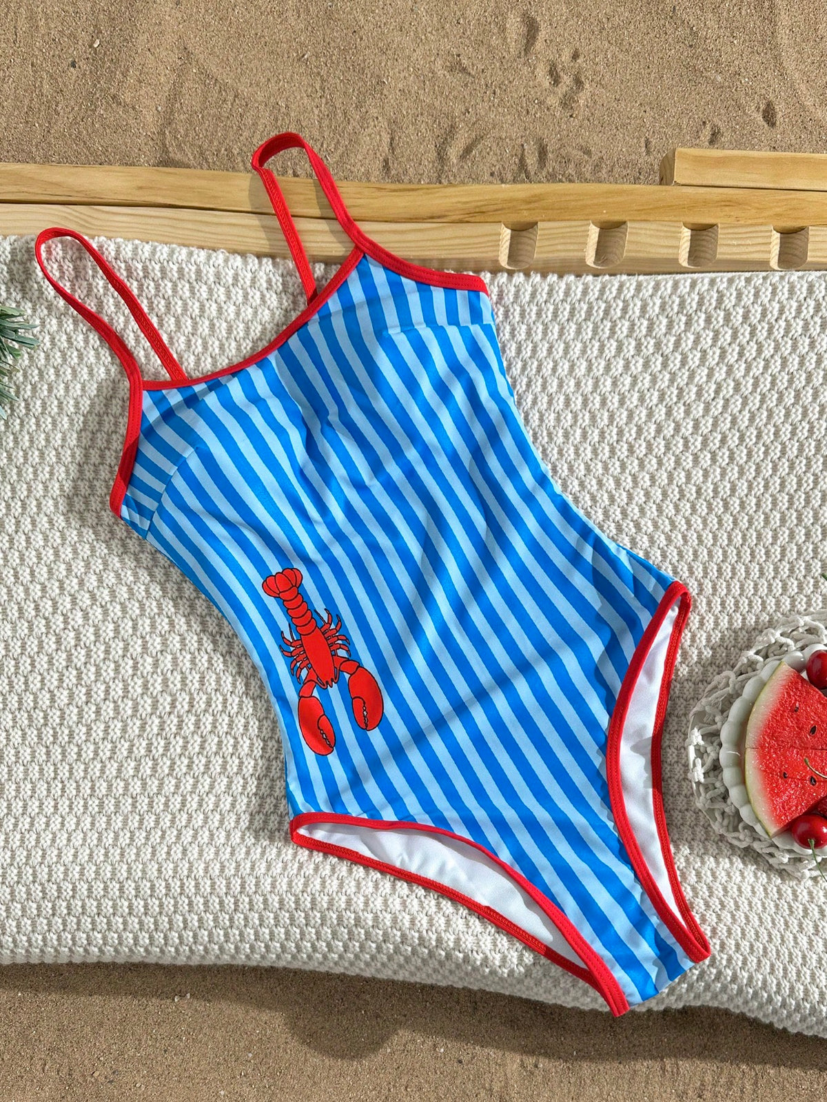 Swim Mod Women's Blue And White Striped Lobster Print One-Piece Swimsuit,Summer Tropical Holiday Vacation Holiday Cute Spaghetti Strap Backless High Cut