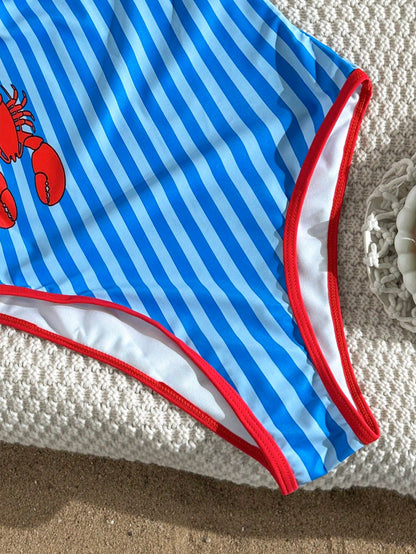 Swim Mod Women's Blue And White Striped Lobster Print One-Piece Swimsuit,Summer Tropical Holiday Vacation Holiday Cute Spaghetti Strap Backless High Cut
