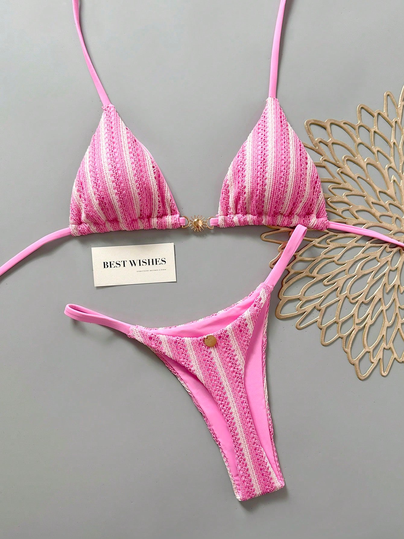 Swim Mod Women's Pink And White Striped 2-Piece Bikini Set,Summer Casual Beach Holiday Vacation Holiday Special Fabric Metal Decor V-Neck Halter Backless Top
