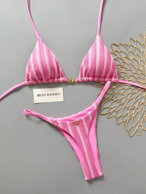 Swim Mod Women's Pink And White Striped 2-Piece Bikini Set,Summer Casual Beach Holiday Vacation Holiday Special Fabric Metal Decor V-Neck Halter Backless Top